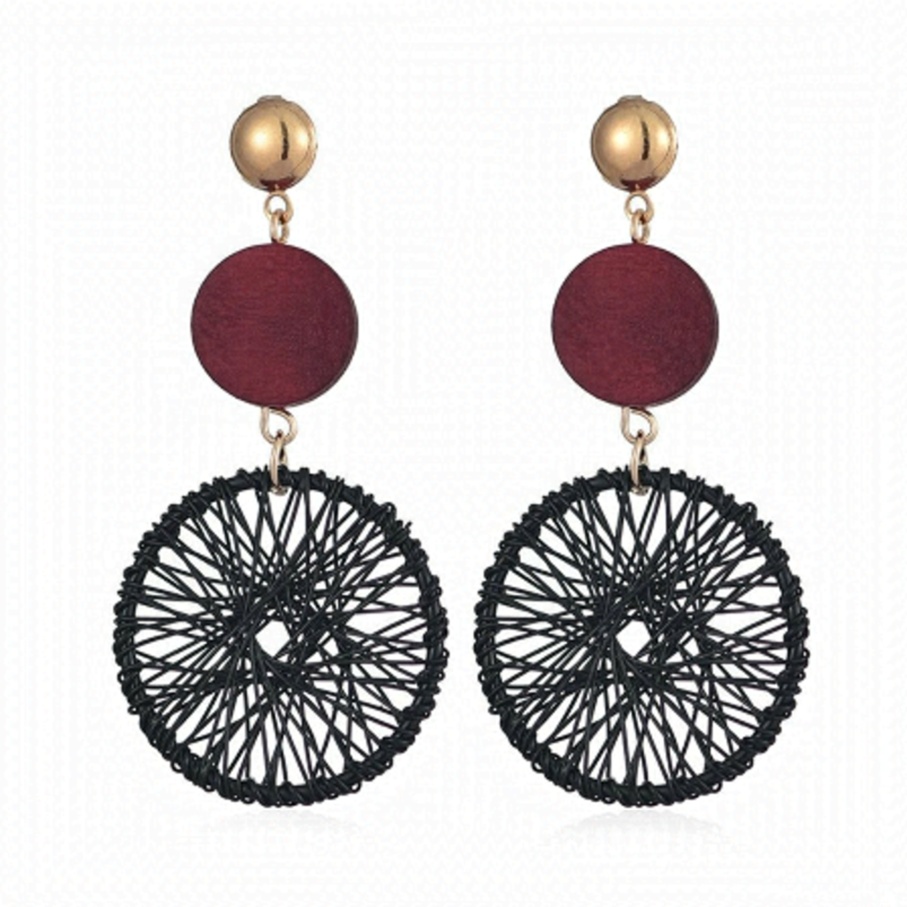 Retro Style Wooden and Wire Woven Disc Red and Black Drop Earrings